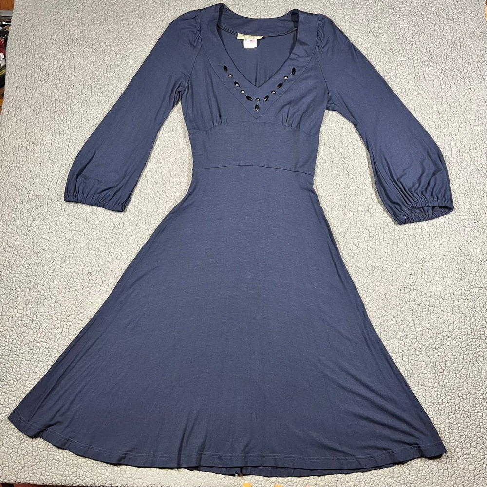 Vintage Karen Alexander Dress Navy Blue Beaded V-Neck Empire Waist Size M